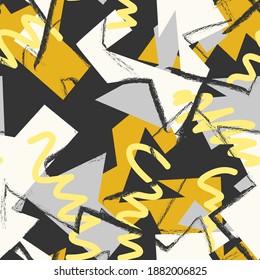 Seamless abstract urban pattern with curved geometry elements and wave grunge lines