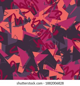 Seamless abstract urban pattern with curved geometry elements and wave grunge lines