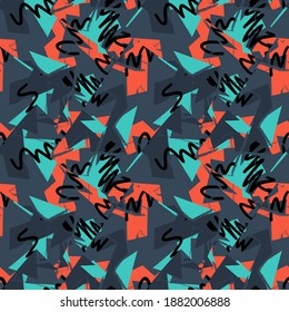 Seamless abstract urban pattern with curved geometry elements and wave grunge lines