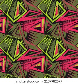 Seamless abstract urban pattern with curved elements, grunge waves and chaotic dots