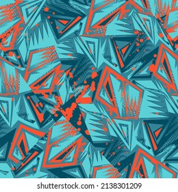 Seamless abstract urban pattern with curved elements, grunge waves and chaotic dots