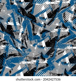 Seamless abstract urban pattern with grunge spots and curved geometry elements