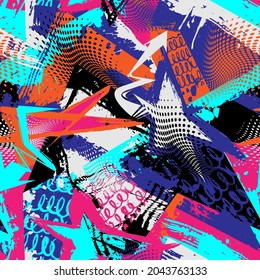 Seamless abstract urban pattern with grunge spots and curved geometry elements