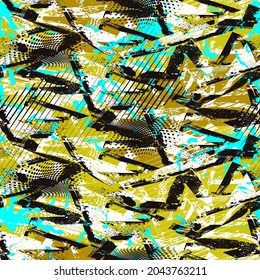 Seamless abstract urban pattern with grunge spots and curved geometry elements