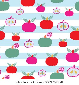 Seamless abstract vector apple on blue and white stripes background pattern. Suitable for packaging, fabric, scrapbooking, tea towel, gift wrap and other design projects. 