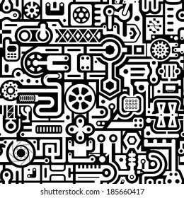 Seamless abstract vector background with black and white industrial items
