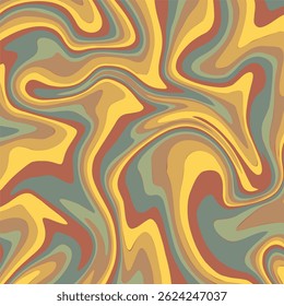 A seamless abstract vector background featuring fluid, swirling wave patterns in a retro 70s color palette. 