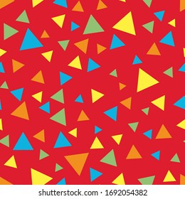 Seamless abstract vector birthday party, baby shower pattern with colorful confetti on red background. Gift wrapping paper, interior, cloth, fabric or web design.