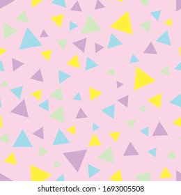 Seamless abstract vector birthday party, baby shower pattern with colorful confetti on pastel pink background.  