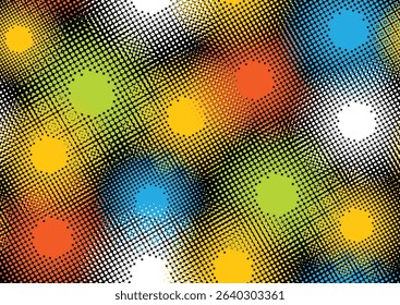 seamless abstract vector color halftone polka dots isolated on black background, retro mesh pattern, polka dot texture background	