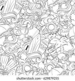 Seamless abstract vector doodle background, summer cartoon wallpaper. Comic pattern. Anti stress coloring book page for adults