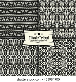 Seamless abstract vector doodle tribal, Ethnic pattern collection in monochrome background. Boho chic pattern set.