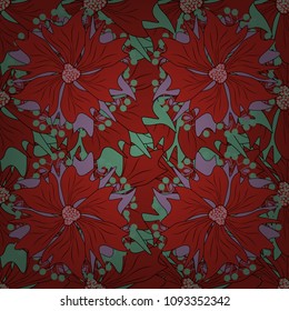 Seamless abstract vector floral pattern in green, violet and red colors.