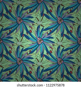 Seamless abstract vector floral pattern in green, black and blue colors.