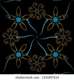 Seamless abstract vector floral pattern in black, orange and blue colors.