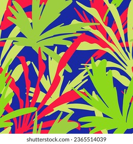 Patrón de floral vectorial abstracto sin inconvenientes. Fondo colorido con hojas tropicales. Plantilla de verano brillante para textiles, embalaje, papel pintado, alfombra y cualquier superficie. 