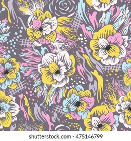 Seamless abstract vector floral pattern. Colorful background with hand drawn flowers