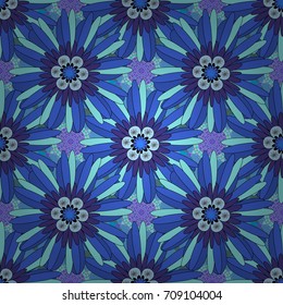 Seamless abstract vector floral pattern in violet, green and blue colors.