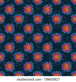 Seamless abstract vector floral pattern in blue, orange and magenta colors.