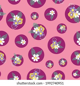 Flores vectoriales abstractas sin inconvenientes en el fondo del patrón de círculos. Adecuado para embalajes, tela, envoltura de regalo, reserva de chatarra, papel pintado y otros proyectos de diseño.
