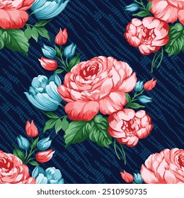 seamless abstract vector flowers pattern on navy