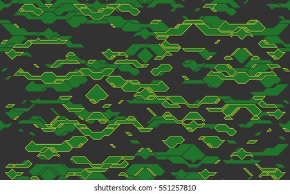 Seamless abstract vector futuristic green techno texture. Yellow neon line on gray background. Geometric tech futuristic pattern design. No transparency. No gradients