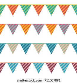Seamless abstract vector geometric birthday pattern. Garlands made of orange, purple, red, green, blue, yellow and grey checkered triangles. Gift wrapping paper. Birthday and celebration theme.