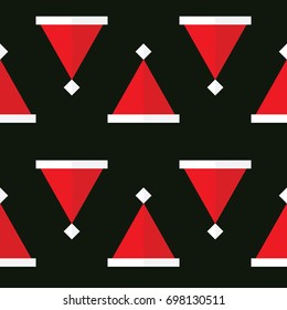 Seamless abstract vector geometric christmas pattern. Red and white santa claus hats on black background. Symmetrical layout. Christmas theme. Gift wrapping paper. Bed sheets and interior.