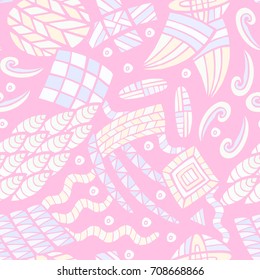 Seamless abstract vector geometric hand drawn pattern. Various pastel light blue and white shapes on pink background. Random layout. Underwater view. Gift wrapping paper. Bed sheets and interior.