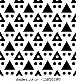 Seamless abstract vector geometric monochrome pattern. Black triangles and dots on white background. Symmetrical layout. Gift wrapping paper. Bed sheets and interior.