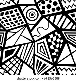 Seamless abstract vector geometric monochrome pattern. Various black and white ornaments. Gift wrapping paper.