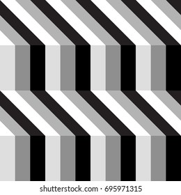 Seamless abstract vector geometric monochrome pattern. Black, white and grey vertical 3d stripes. Symmetrical layout.