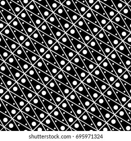 Seamless abstract vector geometric monochrome pattern. Black and white ornament made of linear triangles and circles inside them. Symmetrical layout. Gift wrapping paper. Bed sheets and interior.