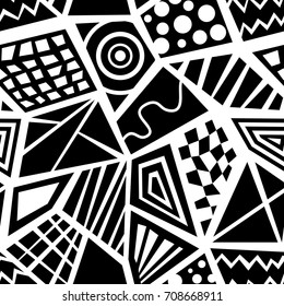 Seamless abstract vector geometric monochrome pattern. Ornament made of various black and white shapes. Random layout. Gift wrapping paper. Bed sheets and interior.