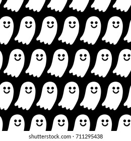 Seamless abstract vector geometric monochrome pattern. White smiling ghosts on black background. Symmetrical layout. Gift wrapping paper. Bed sheets and interior. Halloween theme.