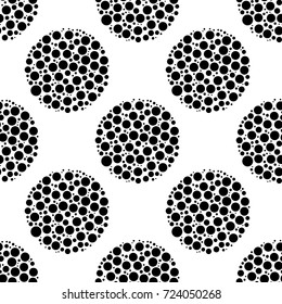 Seamless abstract vector geometric monochrome pattern. Circles made of little black dots on white background. Symmetrical layout. Gift wrapping paper. Bed sheets and interior.