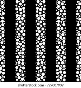 Seamless abstract vector geometric monochrome pattern. Ornament made of black stripes and stripes with white circles. Symmetrical layout. Gift wrapping paper. Bed sheets and interior.