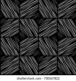 Seamless abstract vector geometric monochrome pattern. Ornament made of black and grey squares and lines. 3d view. Symmetrical layout. Gift wrapping paper. Bed sheets and interior.