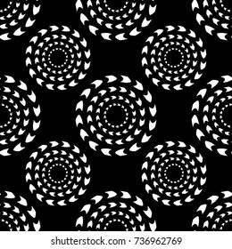 Seamless abstract vector geometric monochrome pattern. Circles made of white arrow loops on black background. Symmetrical layout. Gift wrapping paper. Bed sheets and interior.