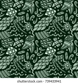 Seamless abstract vector geometric monochrome pattern. Various grey shapes on black background. Underwater view. Symmetrical layout. Gift wrapping paper. Bed sheets and interior.