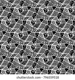 Seamless abstract vector geometric monochrome pattern. Ornament made of various black and white shapes. Symmetrical layout. Gift wrapping paper. Bed sheets and interior.
