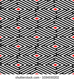 Seamless abstract vector geometric optical pattern. Ornament made of red, black and white rhombus shapes. Symmetrical layout. Gift wrapping paper. Bed sheets and interior.