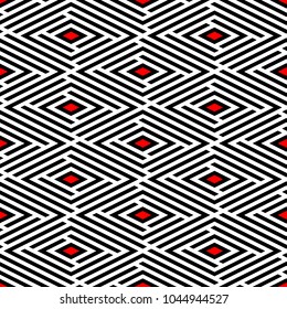 Seamless abstract vector geometric optical pattern. Ornament made of red rhombus shapes and black and white lines. Symmetrical layout. Gift wrapping paper. Bed sheets and interior.
