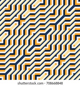 Seamless abstract vector geometric optical pattern. Ornament made of yellow, blue and white lines. Symmetrical layout. Optical illusion. Gift wrapping paper. Bed sheets and interior.