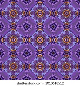 Seamless abstract vector geometric pattern. Gift wrapping paper. Colorful ethnic patterned background in violet, blue and brown colors. Symmetrical layout. Bed sheets and interior.