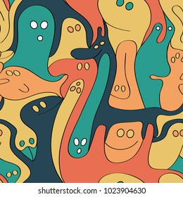 Seamless abstract vector geometric pattern. Ornament made of pastel yellow, orange, red, light blue ans dark blue various monsters. Random layout. Gift wrapping paper. Bed sheets and interior.