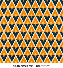 Seamless abstract vector geometric pattern. Ornament made of pastel orange, dark blue and white triangle shapes. Symmetrical layout. Gift wrapping paper. Bed sheets and interior.