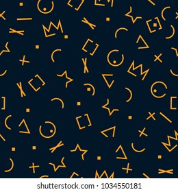 Seamless abstract vector geometric pattern. Yellow incomplete outlined shapes on dark blue background. Random layout. Gift wrapping paper. Bed sheets and interior.