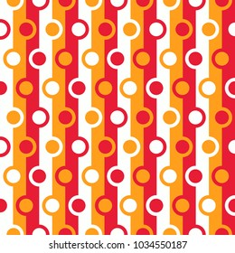 Seamless abstract vector geometric pattern. Ornament made of white, orange and red circles and stripes. Symmetrical layout. Gift wrapping paper. Bed sheets and interior.