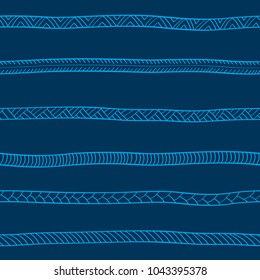 Seamless abstract vector geometric pattern. Hand drawn light blue lines with ornaments on blue background. Random layout. Gift wrapping paper. Bed sheets and interior.